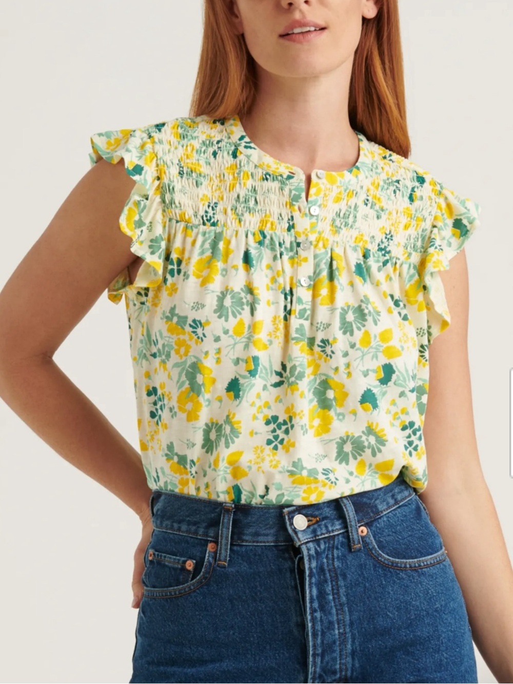 Lucky Brand Yellow and Green Floral Smocked Ruffle Sleeve Blouse Size L Cotton